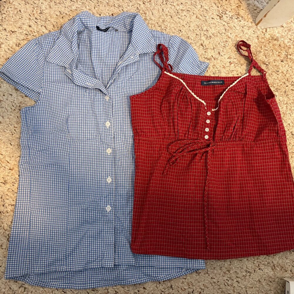 Brandy Melville Gingham Top Bundle | Red Tank & Blue Button-Up Shirt